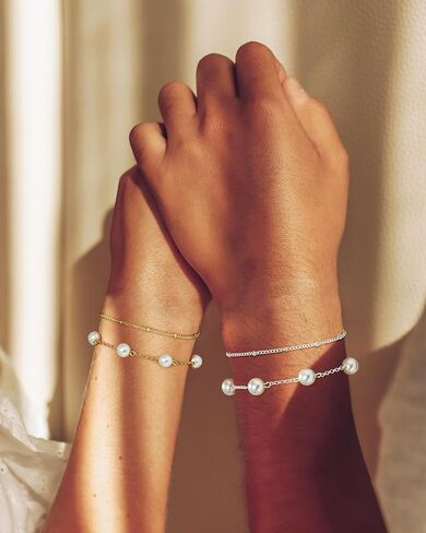 TEN MIRO 16K Gold Plated Bracelet for Women,Gold and Pearl Bracelet Dainty Simple Pearl Bracelets for Womens Non Tarnish Pearl Bracelet Stack Non Tarnish Layered Bracelets for Women in Kuwait