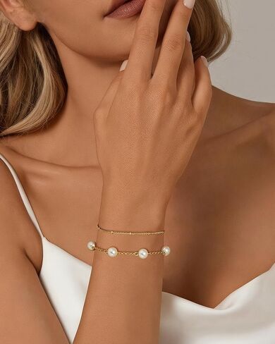 TEN MIRO 16K Gold Plated Bracelet for Women,Gold and Pearl Bracelet Dainty Simple Pearl Bracelets for Womens Non Tarnish Pearl Bracelet Stack Non Tarnish Layered Bracelets for Women in Kuwait