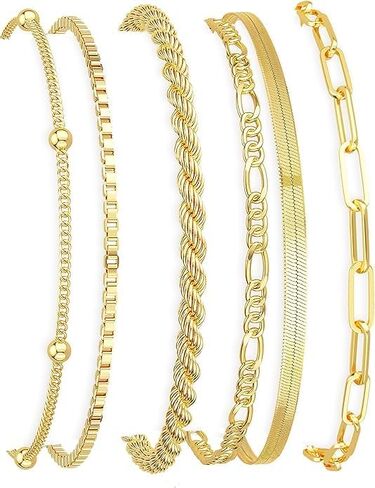 أساور ذهبية للنساء، مجموعات مجوهرات من الذهب الحقيقي عيار 14 قيراط للنساء، مجموعة أساور على شكل سلسلة كوبية رفيعة وأنيقة وقابلة للتكديس in Kuwait