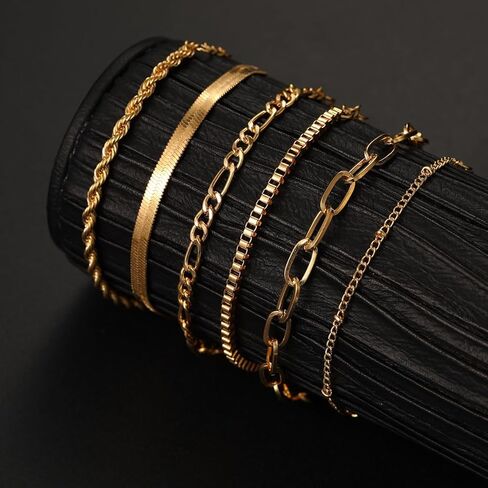 أساور ذهبية للنساء، مجموعات مجوهرات من الذهب الحقيقي عيار 14 قيراط للنساء، مجموعة أساور على شكل سلسلة كوبية رفيعة وأنيقة وقابلة للتكديس in Kuwait