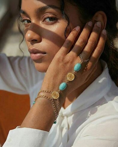 Turquoise Bracelet for Women, 14K Gold Plated Adjustable Stackable Boho Hand Chains - Healing Stone Jewelry Gift for Her, Christmas, Birthday, Dainty Southwest Everyday Good Luck Charm in Saudi Arabia