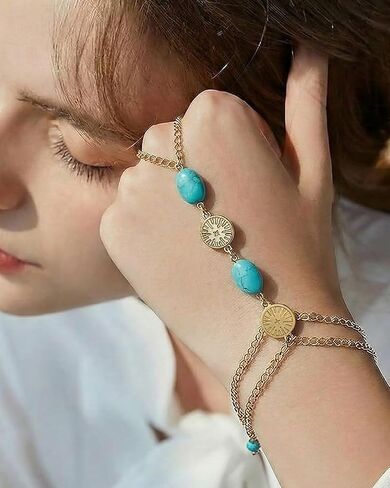 Turquoise Bracelet for Women, 14K Gold Plated Adjustable Stackable Boho Hand Chains - Healing Stone Jewelry Gift for Her, Christmas, Birthday, Dainty Southwest Everyday Good Luck Charm in Saudi Arabia