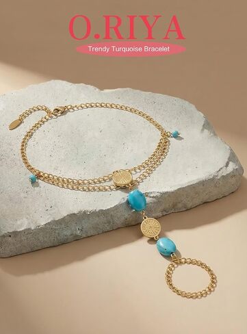 Turquoise Bracelet for Women, 14K Gold Plated Adjustable Stackable Boho Hand Chains - Healing Stone Jewelry Gift for Her, Christmas, Birthday, Dainty Southwest Everyday Good Luck Charm in Saudi Arabia
