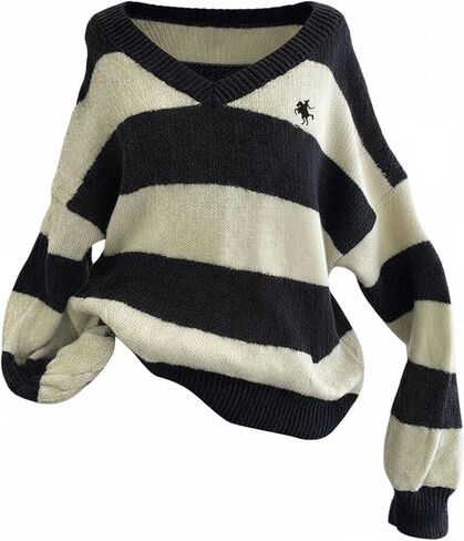 Women's Oversized Striped Sweaters Long Sleeve V Neck Embroidery Knit Jumper Pullovers in Saudi Arabia