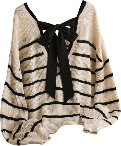 SOLY HUX Women's Plus Size Bow Sweater, Striped Sweater with Bows Back, Off The Shoulder Knit Tops Fall Clothes in Saudi Arabia