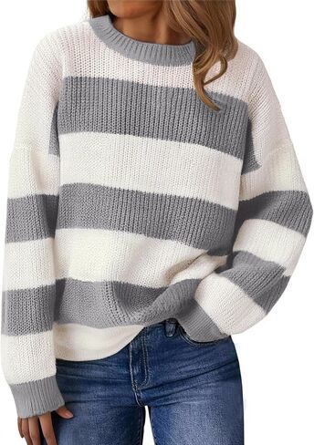 SunnyMelody Womens Cute Color Block Striped Sweater Fall 2025 Pullover Knit Tops - Ribbed Crew Neck, Lightweight, Loose Fit in Kuwait