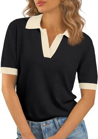 Women's Wool Blend V Neck Polo Sweater Lightweight Short Sleeve Knit Top for Casual and Office Wear in Kuwait