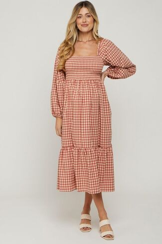 PinkBlush Gingham Long Sleeve Maternity Midi Dress in Saudi Arabia