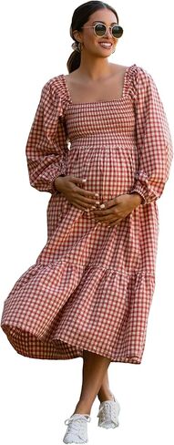 PinkBlush Gingham Long Sleeve Maternity Midi Dress in Kuwait