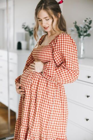 PinkBlush Gingham Long Sleeve Maternity Midi Dress in Saudi Arabia