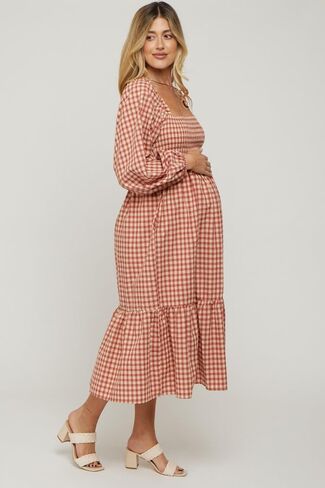 PinkBlush Gingham Long Sleeve Maternity Midi Dress in Saudi Arabia
