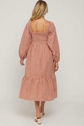 PinkBlush Gingham Long Sleeve Maternity Midi Dress in Saudi Arabia