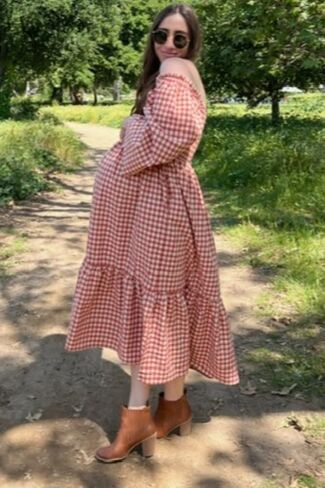 PinkBlush Gingham Long Sleeve Maternity Midi Dress in Saudi Arabia