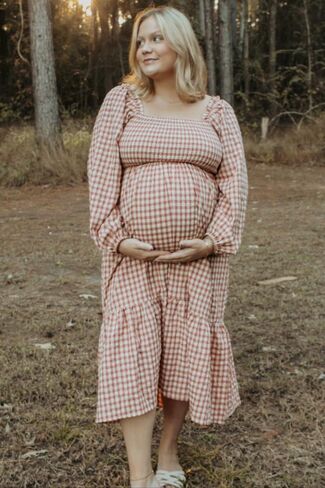 PinkBlush Gingham Long Sleeve Maternity Midi Dress in Saudi Arabia