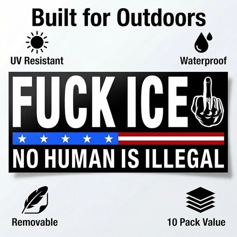 10 قطع من ملصقات Fuck ICE No Human is Illegal Bumper - ملصقات الفينيل الرائجة للعلم الأمريكي Abolish ICE - ملصقات سيارة مقاومة للماء مقاس 7.5 × 3.75 بوصة للشاحنات والسيارات والمركبات الترفيهية والثلاجة in Kuwait