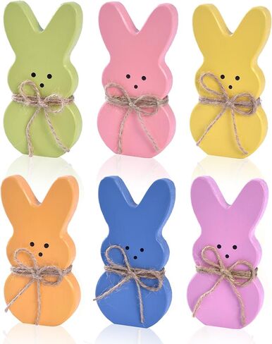 Wooden Easter Bunny Decor, 6PCs Easter Bunnies for Tiered Tray Decorations with Jute Rope, Colorful Rabbits for Spring Decoration for Table Centerpiece Office Shelf Holiday (6 colors) in Kuwait
