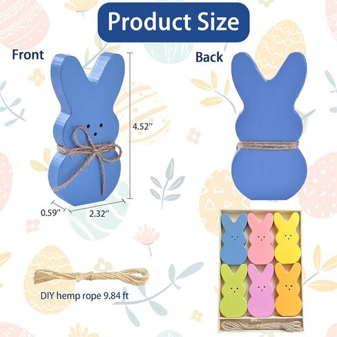 Wooden Easter Bunny Decor, 6PCs Easter Bunnies for Tiered Tray Decorations with Jute Rope, Colorful Rabbits for Spring Decoration for Table Centerpiece Office Shelf Holiday (6 colors) in Kuwait