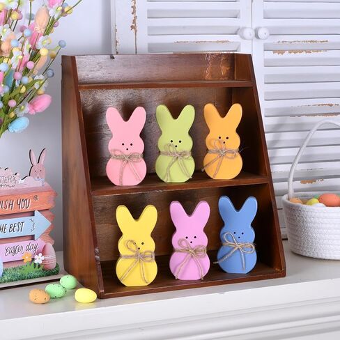 Wooden Easter Bunny Decor, 6PCs Easter Bunnies for Tiered Tray Decorations with Jute Rope, Colorful Rabbits for Spring Decoration for Table Centerpiece Office Shelf Holiday (6 colors) in Kuwait
