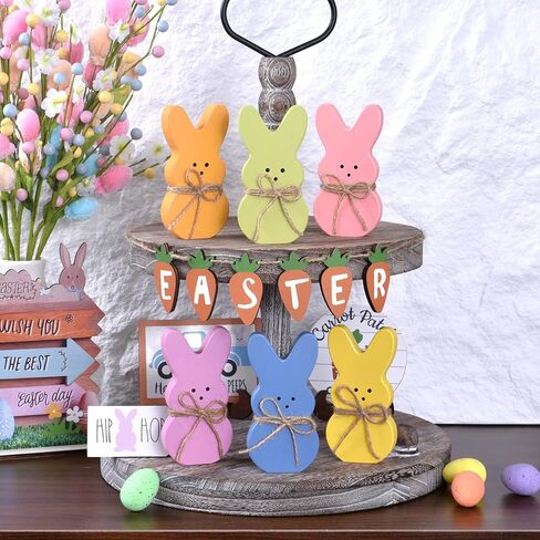 Wooden Easter Bunny Decor, 6PCs Easter Bunnies for Tiered Tray Decorations with Jute Rope, Colorful Rabbits for Spring Decoration for Table Centerpiece Office Shelf Holiday (6 colors) in Kuwait