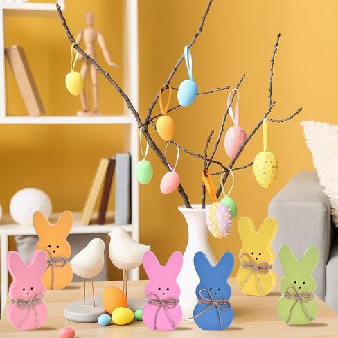 Wooden Easter Bunny Decor, 6PCs Easter Bunnies for Tiered Tray Decorations with Jute Rope, Colorful Rabbits for Spring Decoration for Table Centerpiece Office Shelf Holiday (6 colors) in Kuwait