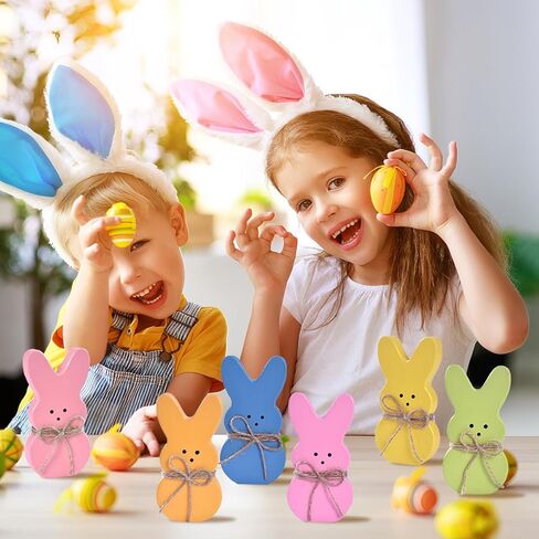Wooden Easter Bunny Decor, 6PCs Easter Bunnies for Tiered Tray Decorations with Jute Rope, Colorful Rabbits for Spring Decoration for Table Centerpiece Office Shelf Holiday (6 colors) in Kuwait