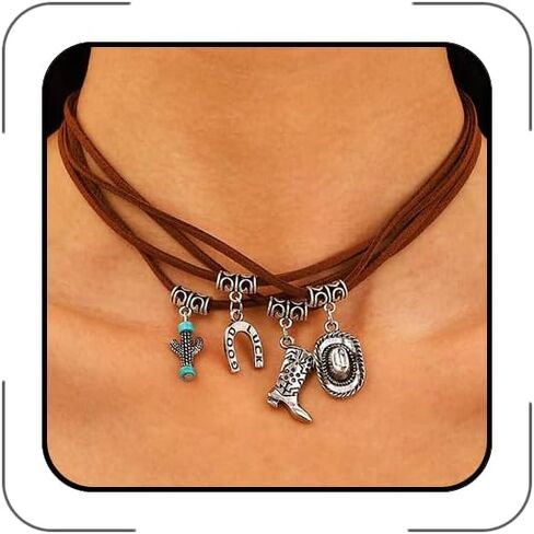 Western Leather Necklace Cord Boho Layered Turquoise Choker Necklace Cowboy Boot Necklace Cowgirl Hat Suede Brown Black Leather Necklaces Western Jewelry Gift for Women Girls in Kuwait