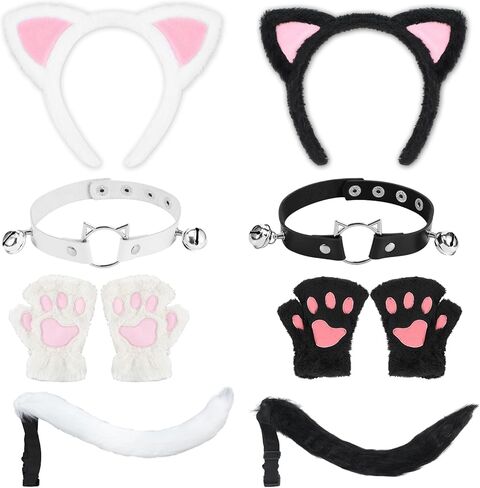 Crowye 2 Set Cat Costume Outfit Set Black and White Cat Ears and Tail Pink Inner Ears Paws Gloves and Bell Choker Necklace Halloween Party Cosplay Costumes for Woman Adults Girls in Saudi Arabia