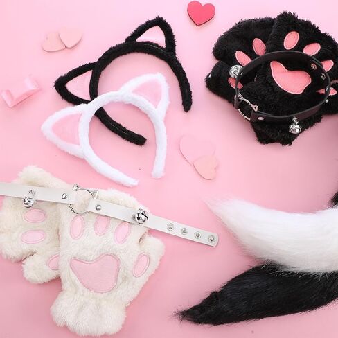 Crowye 2 Set Cat Costume Outfit Set Black and White Cat Ears and Tail Pink Inner Ears Paws Gloves and Bell Choker Necklace Halloween Party Cosplay Costumes for Woman Adults Girls in Saudi Arabia