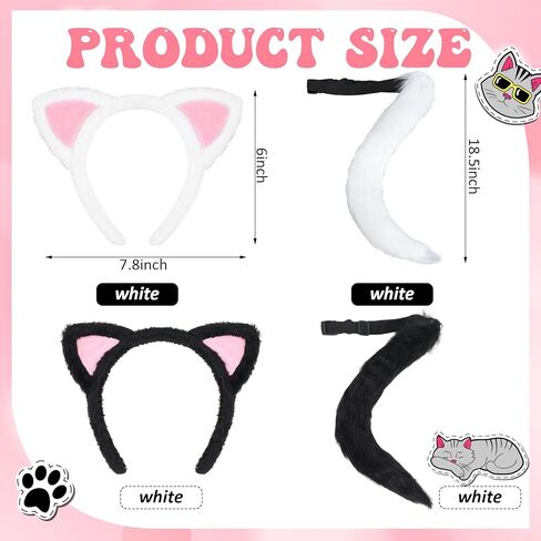 Crowye 2 Set Cat Costume Outfit Set Black and White Cat Ears and Tail Pink Inner Ears Paws Gloves and Bell Choker Necklace Halloween Party Cosplay Costumes for Woman Adults Girls in Saudi Arabia