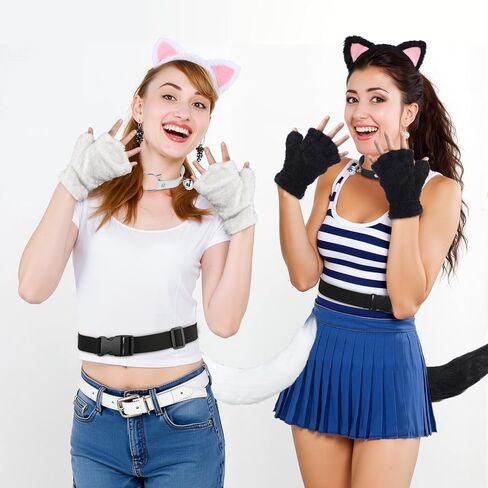Crowye 2 Set Cat Costume Outfit Set Black and White Cat Ears and Tail Pink Inner Ears Paws Gloves and Bell Choker Necklace Halloween Party Cosplay Costumes for Woman Adults Girls in Saudi Arabia