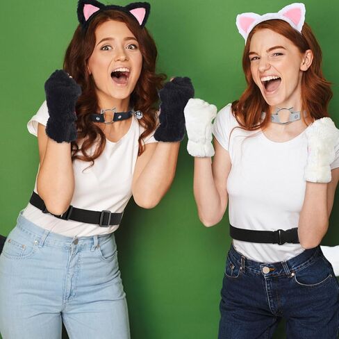 Crowye 2 Set Cat Costume Outfit Set Black and White Cat Ears and Tail Pink Inner Ears Paws Gloves and Bell Choker Necklace Halloween Party Cosplay Costumes for Woman Adults Girls in Saudi Arabia