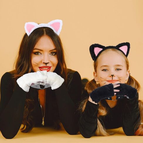 Crowye 2 Set Cat Costume Outfit Set Black and White Cat Ears and Tail Pink Inner Ears Paws Gloves and Bell Choker Necklace Halloween Party Cosplay Costumes for Woman Adults Girls in Saudi Arabia