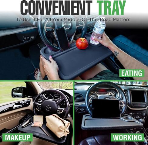lebogner Steering Wheel Tray, Car Food Trays for Eating with iPad Tablet Slot, Multipurpose Double-Sided Hook On Travel Auto Steering Wheel Desk Table for Laptop & Notebook with Cup Holder, Black in Kuwait