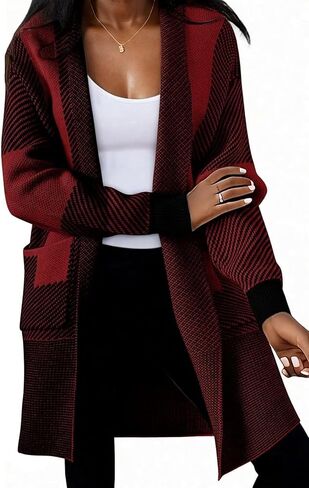 LAJIOJIO Women Knit Long Cardigan Sweaters,Color Block Open Front Long Sleeve Striped Outwear Coats with Pockets in Kuwait