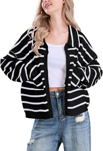 chouyatou Women's Button Down Striped Cardigan Sweater Polo Collar Open Front Knit Jacket 2024 Fall Outfits in Saudi Arabia