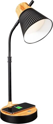 OttLite Wellness Series Wireless Charging LED Table Lamp, LED Desk Lamp and Book Light, Reading Light, Great Desk Lights for Home Office, Black with Woodgrain Accents in Kuwait