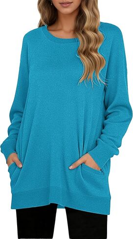 تي شيرت MISFAY نسائي كاجوال بأكمام طويلة ورقبة دائرية وجيب وبلوزات تونيك وسويت شيرت مع جيب in Kuwait