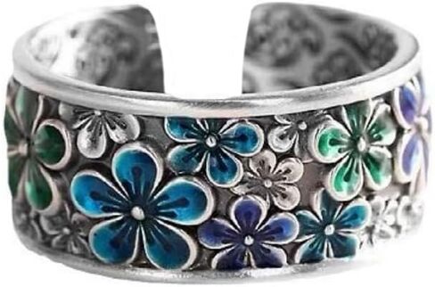 Dtja Vintage Cherry Blossom Flower Statement Ring for Women Oxidized Silver Plated Blue Green Daisy Floral Open Wide Wrap Rings Retro Spring Summer Theme Holiday Wedding Party Jewelry Size 8 in Saudi Arabia
