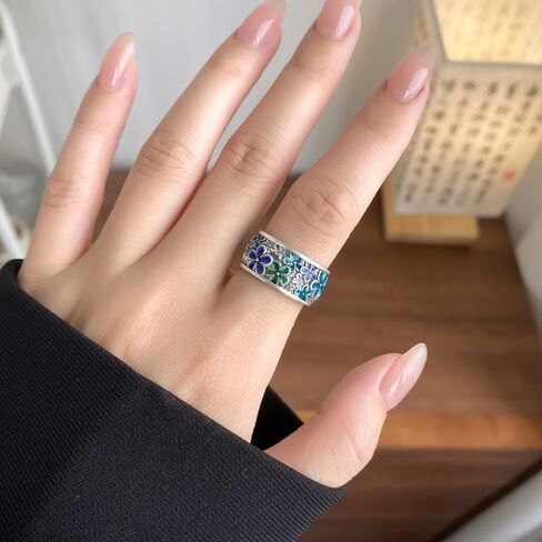 Dtja Vintage Cherry Blossom Flower Statement Ring for Women Oxidized Silver Plated Blue Green Daisy Floral Open Wide Wrap Rings Retro Spring Summer Theme Holiday Wedding Party Jewelry Size 8 in Saudi Arabia