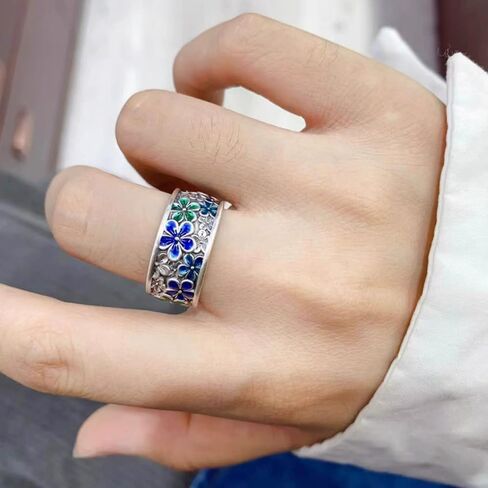 Dtja Vintage Cherry Blossom Flower Statement Ring for Women Oxidized Silver Plated Blue Green Daisy Floral Open Wide Wrap Rings Retro Spring Summer Theme Holiday Wedding Party Jewelry Size 8 in Saudi Arabia