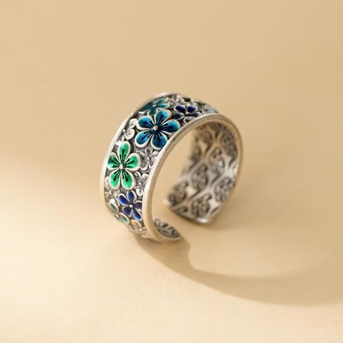 Dtja Vintage Cherry Blossom Flower Statement Ring for Women Oxidized Silver Plated Blue Green Daisy Floral Open Wide Wrap Rings Retro Spring Summer Theme Holiday Wedding Party Jewelry Size 8 in Saudi Arabia