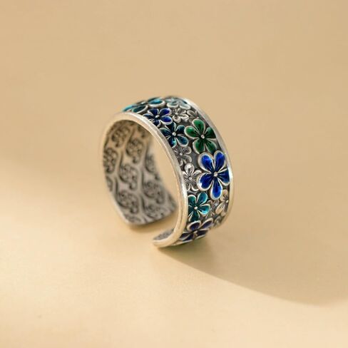 Dtja Vintage Cherry Blossom Flower Statement Ring for Women Oxidized Silver Plated Blue Green Daisy Floral Open Wide Wrap Rings Retro Spring Summer Theme Holiday Wedding Party Jewelry Size 8 in Saudi Arabia