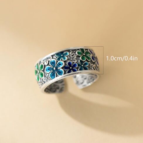 Dtja Vintage Cherry Blossom Flower Statement Ring for Women Oxidized Silver Plated Blue Green Daisy Floral Open Wide Wrap Rings Retro Spring Summer Theme Holiday Wedding Party Jewelry Size 8 in Saudi Arabia