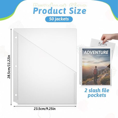 50 Pcs 3 Hole Punch Clear Plastic Document Folders, Binder Dividers with Pockets Waterproof Binders Sleeves Poly Slash File Jackets for Home Office Document Organizer (Transparent) in Kuwait