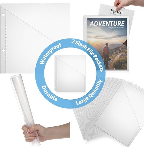 50 Pcs 3 Hole Punch Clear Plastic Document Folders, Binder Dividers with Pockets Waterproof Binders Sleeves Poly Slash File Jackets for Home Office Document Organizer (Transparent) in Kuwait