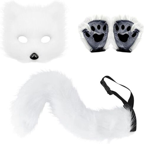 Faux Fur Therian Mask and Tail Fox Wolf Costume, Plush Mask Fluffy Paw Gloves for Adults, Furry Fox Mask Wolf Tail Cosplay Costume Set for Halloween Party White in Saudi Arabia