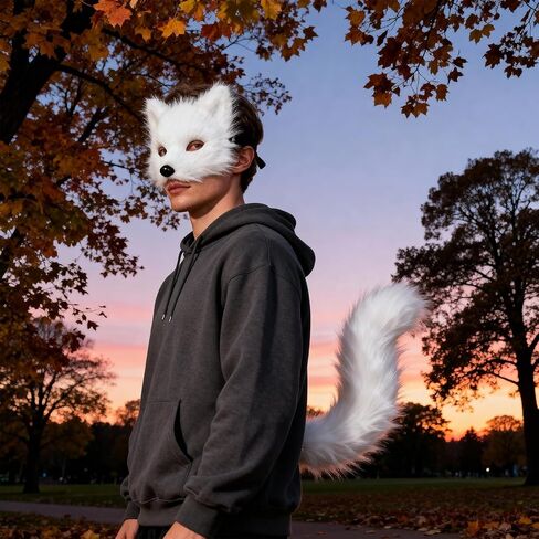 Faux Fur Therian Mask and Tail Fox Wolf Costume, Plush Mask Fluffy Paw Gloves for Adults, Furry Fox Mask Wolf Tail Cosplay Costume Set for Halloween Party White in Saudi Arabia