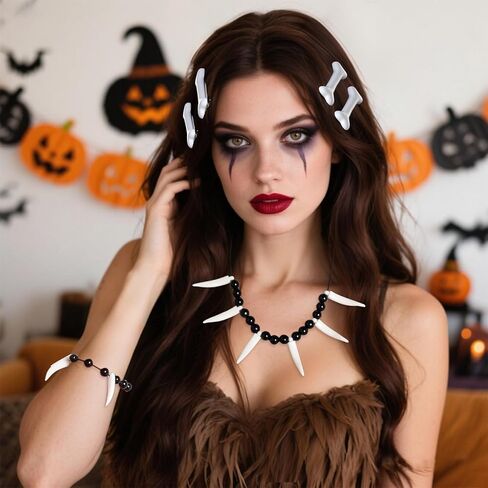 6 قطعة زي رجل الكهف للهالوين مجموعة إكسسوارات كهف الغابة الأسنان العظام قلادة سوار مقاطع الشعر للنساء الرجال تأثيري in Saudi Arabia