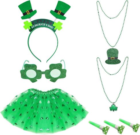Heliltd 8Pcs St. Patrick'S Costume Accessories Set Includes 3 Layered Tulle Tutus for Women Glitter Shamrock Sunglasses Headband Beaded Necklace and Blowouts in Saudi Arabia