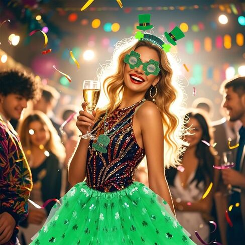Heliltd 8Pcs St. Patrick'S Costume Accessories Set Includes 3 Layered Tulle Tutus for Women Glitter Shamrock Sunglasses Headband Beaded Necklace and Blowouts in Saudi Arabia